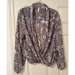 Elan Sheer Blouse Womens Size Large Paisley Faux Wrap top career office flowy